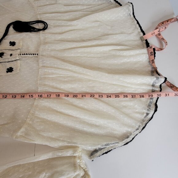 Free People Semi Sheer Peasant Style Tunic w/Embroidery Tie Front Beige/Blk Sz L - Picture 11 of 14